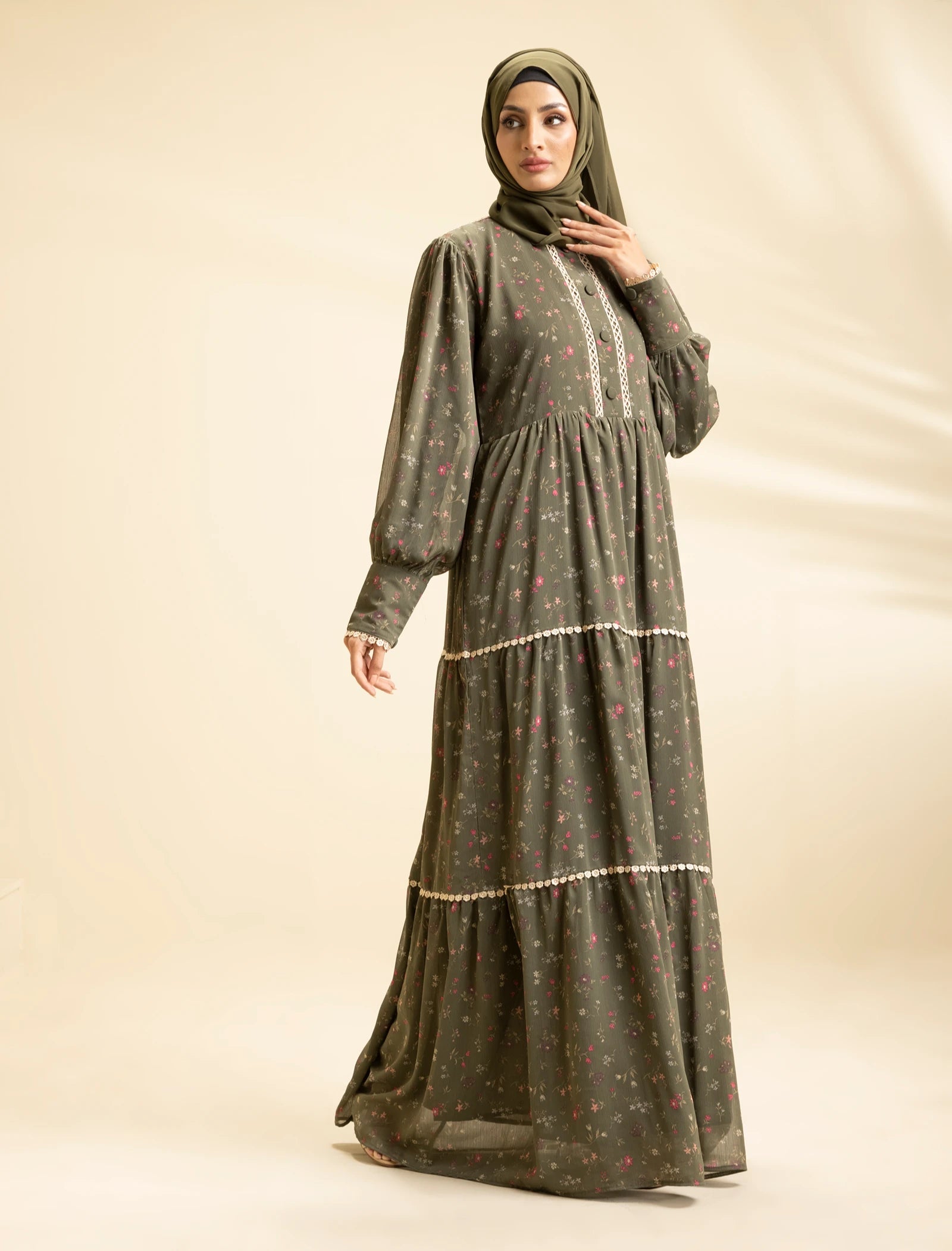 Floral Jade Abaya - Olive