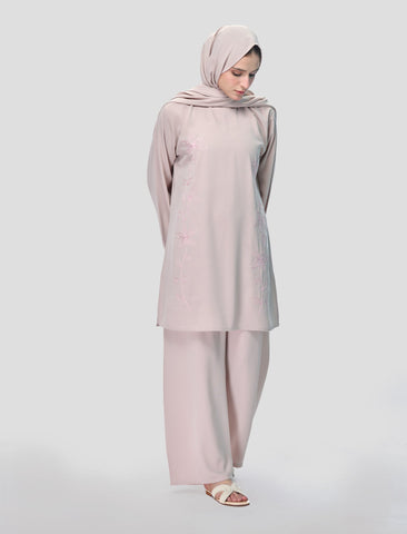 EMBROIDERED CO-ORD SET - STONE BEIGE