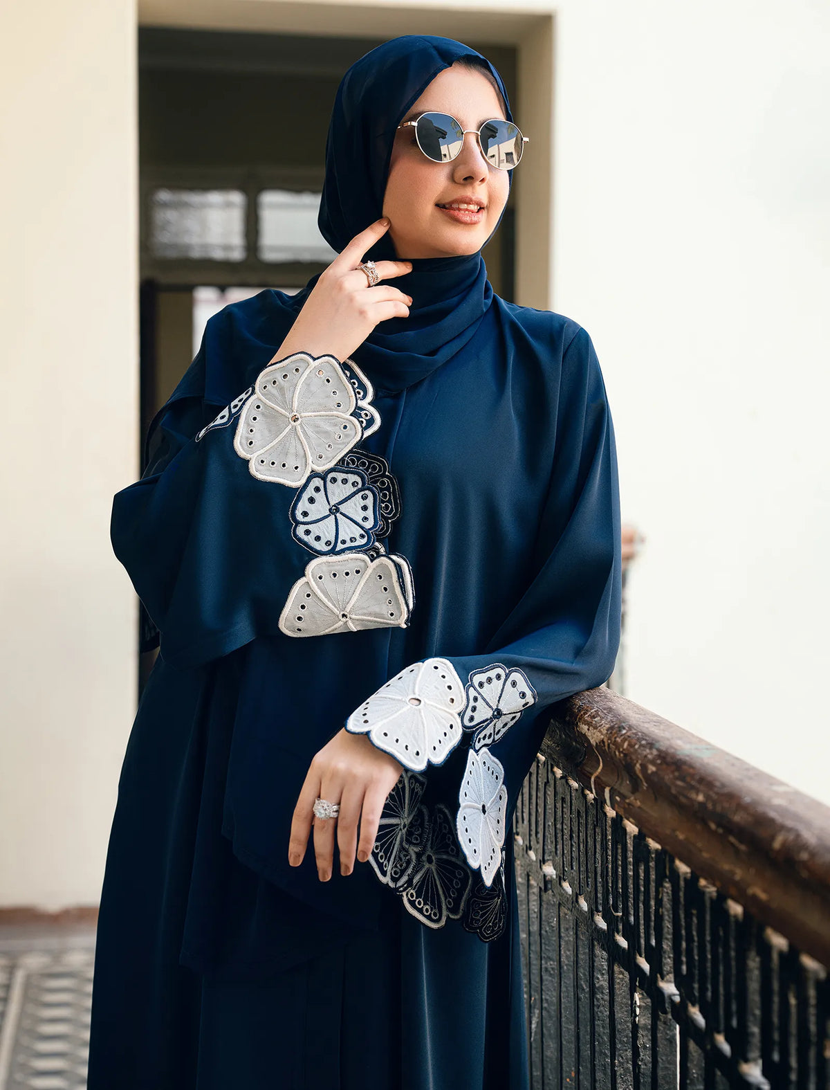 Floral Elara Abaya - Navy Blue