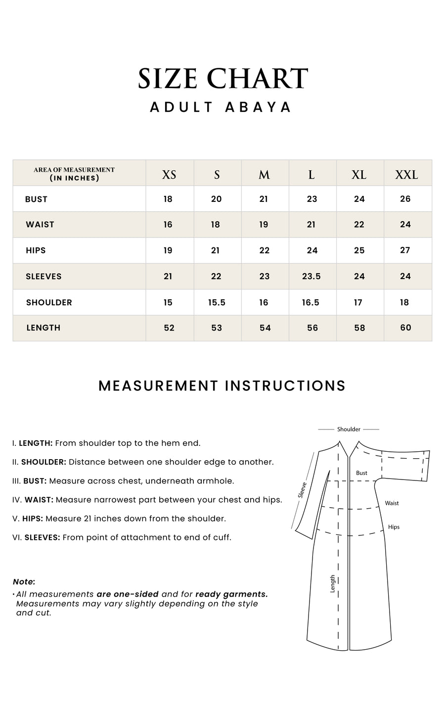 Abeer Maxi size guide (Inches)