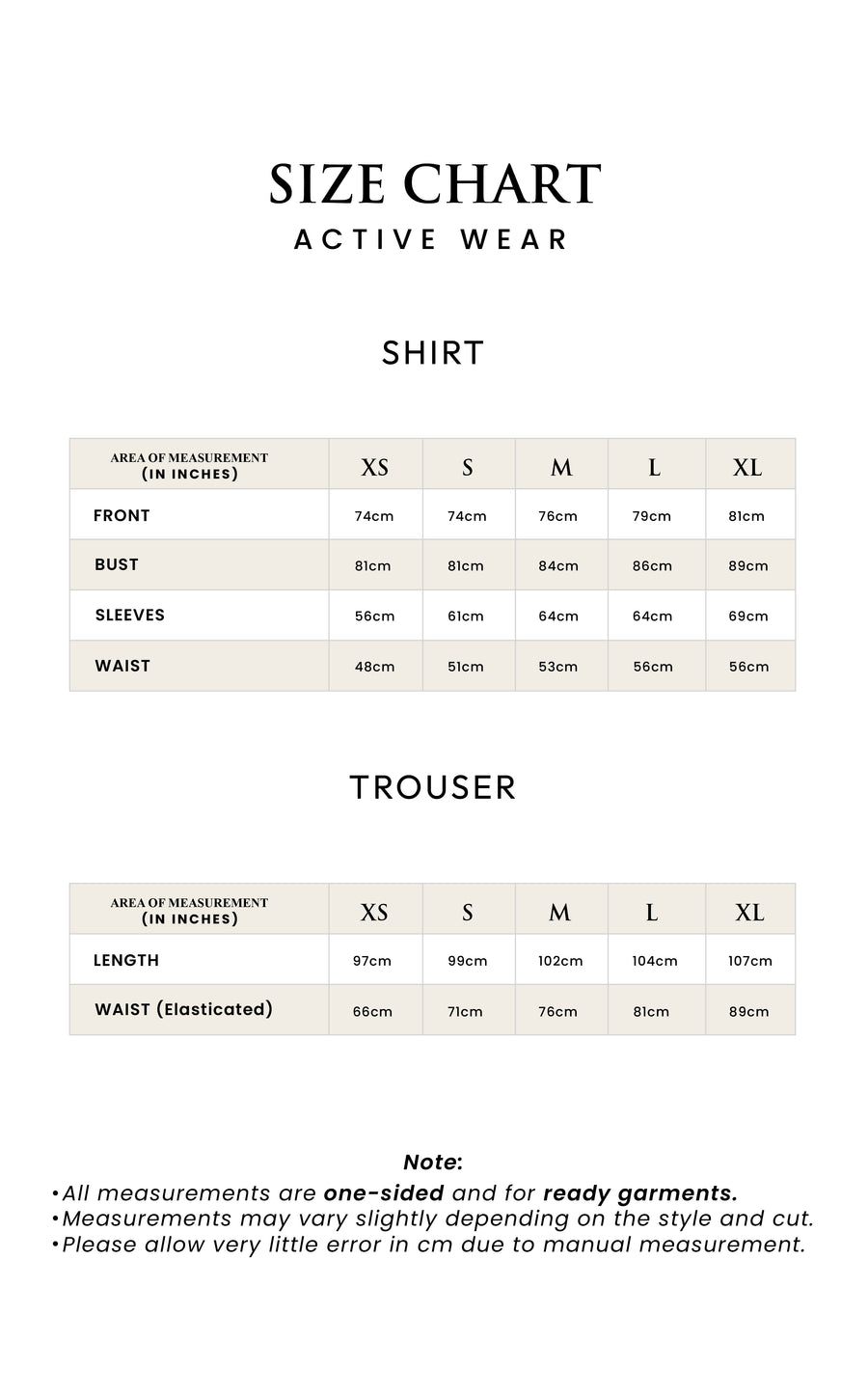 ACTIVE SET - BLACK size guide (CM)