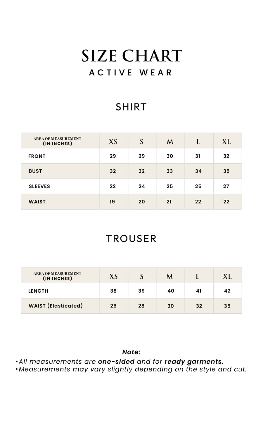ACTIVE SET - BLACK size guide (Inches)