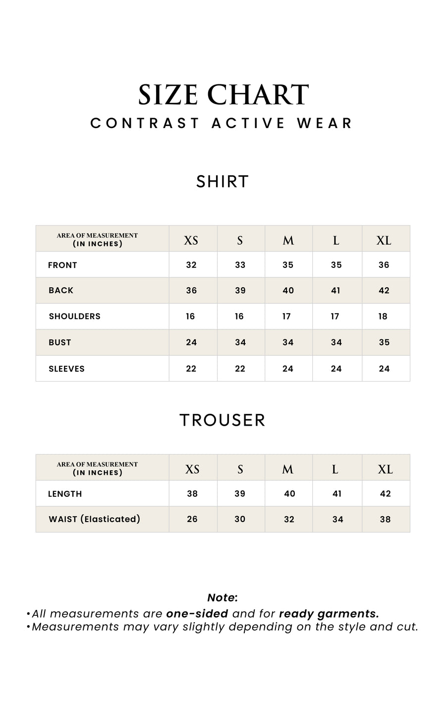 CONTRAST ACTIVE SET - BLACK size guide (Inches)