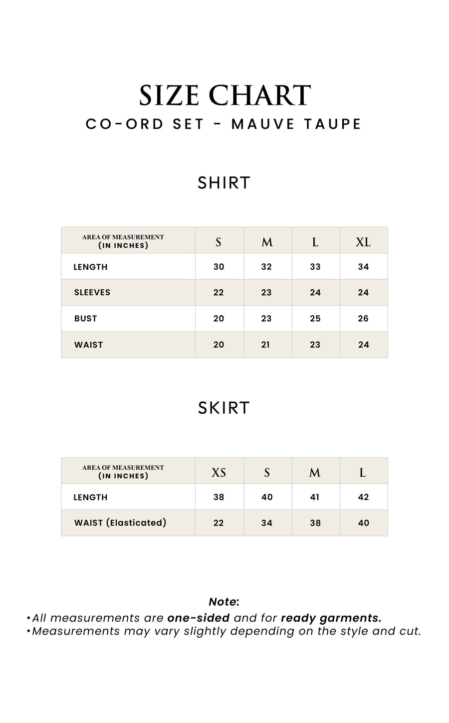 Modest Co-ord Set - Mauve size guide (Inches)