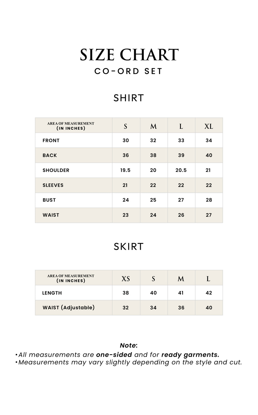 Co-ord Set Midnight Blue size guide (Inches)