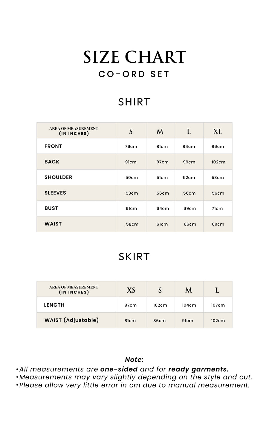 Co-ord Set Midnight Blue size guide (CM)