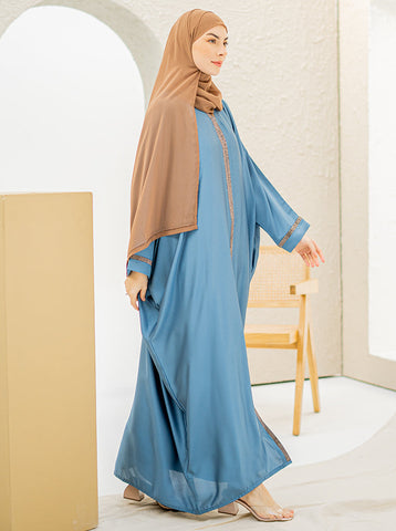 Sabeen Front Open Farasha Abaya - Stone Blue