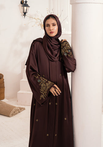 Jawhara Embellished Abaya - Chocolate Brown