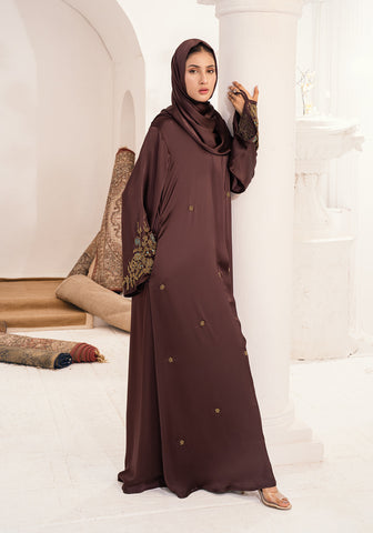 Jawhara Embellished Abaya - Chocolate Brown