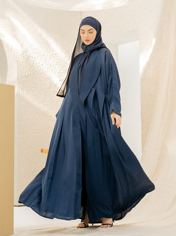 Shaden Pleated Coat Abaya- Navy