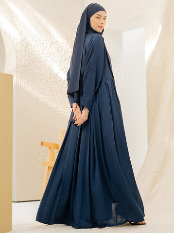 Shaden Pleated Coat Abaya- Navy