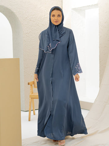 Zafira Embellished Abaya-Stone Blue