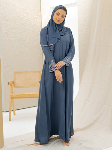 Zafira Embellished Abaya-Stone Blue